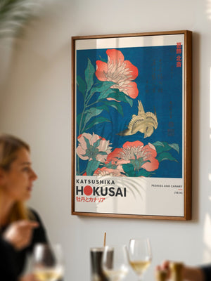 Kaisushika Hokusai - Canary and Peonies Plakat - 21 x 29.7 cm (A4) - Nellastore