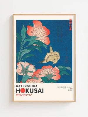 Kaisushika Hokusai - Canary and Peonies Plakat - 21 x 29.7 cm (A4) - Nellastore