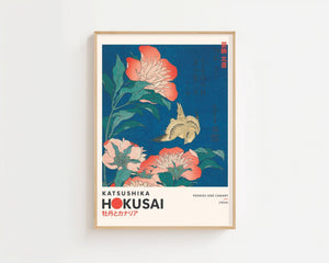 Kaisushika Hokusai - Canary and Peonies Plakat - 21 x 29.7 cm (A4) - Nellastore