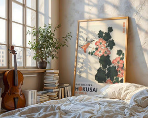 Kaisushika Hokusai - Red Roses and Bird Plakat - 21 x 29.7 cm (A4) - Nellastore