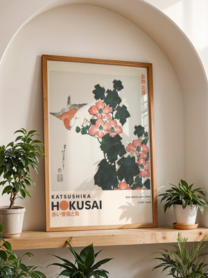 Kaisushika Hokusai - Red Roses and Bird Plakat - 21 x 29.7 cm (A4) - Nellastore