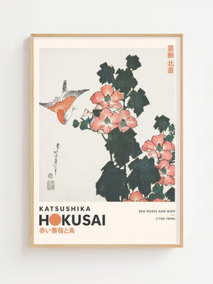 Kaisushika Hokusai - Red Roses and Bird Plakat - 21 x 29.7 cm (A4) - Nellastore