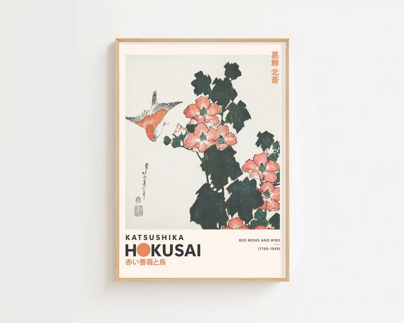 Kaisushika Hokusai - Red Roses and Bird Plakat - 21 x 29.7 cm (A4) - Nellastore