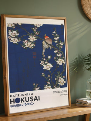 Kaisushika Hokusai - Robin on a Branch of Cherry Blossom Plakat - 21 x 29.7 cm (A4) - Nellastore