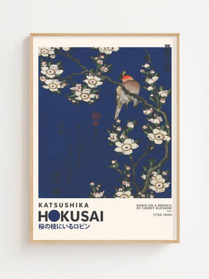 Kaisushika Hokusai - Robin on a Branch of Cherry Blossom Plakat - 21 x 29.7 cm (A4) - Nellastore