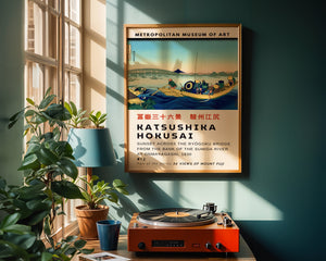 Kaisushika Hokusai - Sunset Across The Ryógoku Bridge From The Bank Of The Sumida River At Onmayagashi Plakat - 21 x 29.7 cm (A4) - Nellastore